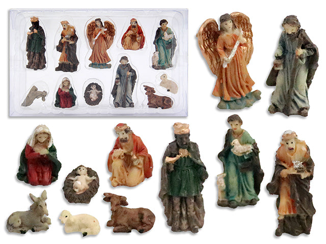 Carton of 12 Set/11 2in(H) Polyresin Character Nativity Scene. Clam Shell w/Colour Label.