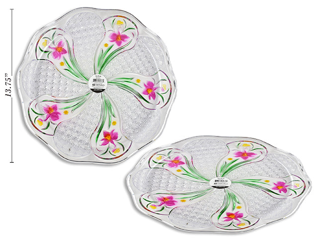 Scalloped Crystal Round Serving Plate With Flowers