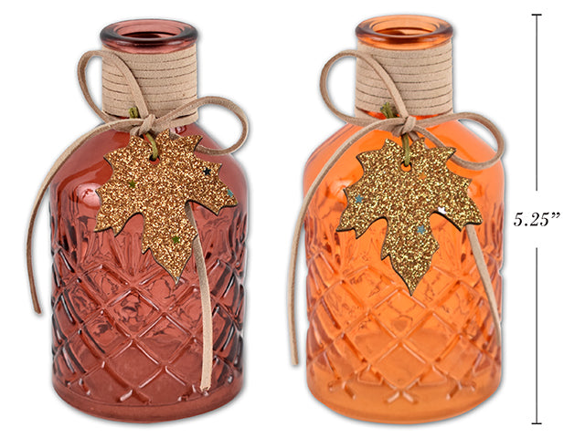 Harvest Glass Decorative Bottle With Glitter Maple Leaf Decor