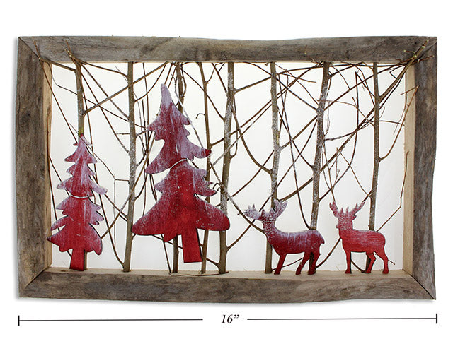 Snow Dusted Wooden Reindeer Forest Scene